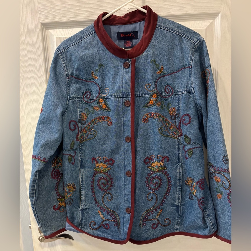 Denim&Co Vintage Jean‎ Jacket with Embroidered Floral Paisley Designs